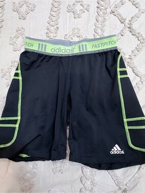adidas Black Softball Shorts with Neon Green Trim FASTPITCH Waistband